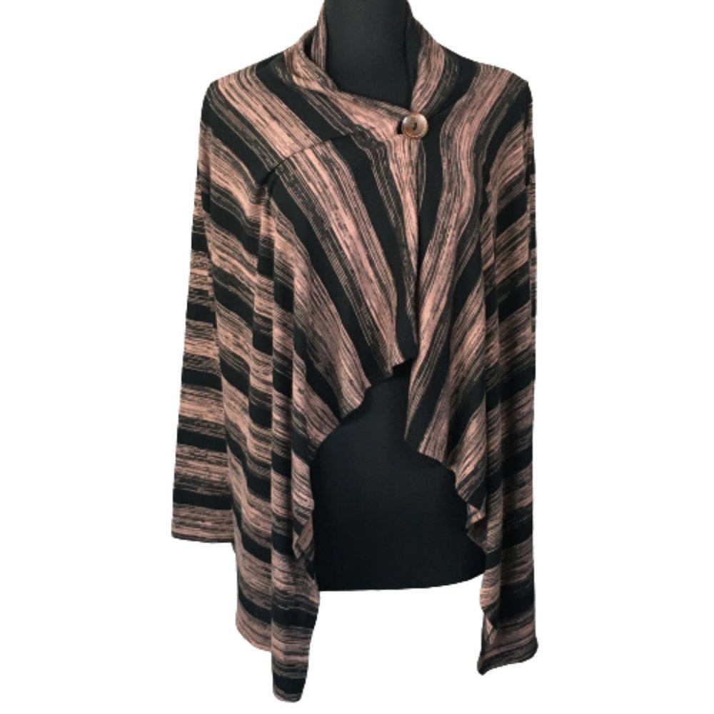 Bobeau Peach Black Variegated Striped Asymmetrical Shrug Single Button Cardigan